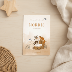 Lief bos geboortekaartje konijn egel eekhoorn vogel wiegje