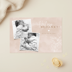 Lief geboorte bedankkaartje met foto's en eucalyptus