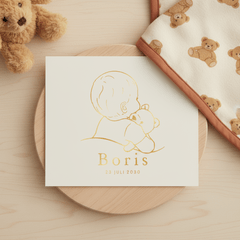 Lief geboortekaartje baby met teddybeer – goudfolie