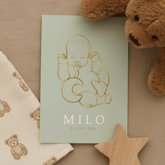 Lief geboortekaartje baby speendoekje met maan – goudfolie