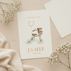 Lief geboortekaartje driewieler met teddybeer – koperfolie