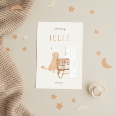 Lief geboortekaartje hond en wiegje neutraal illustratie