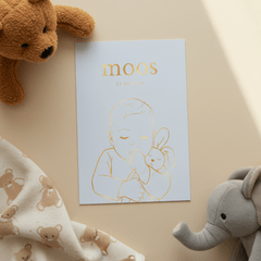 Lief geboortekaartje jongetje met konijn – goudfolie