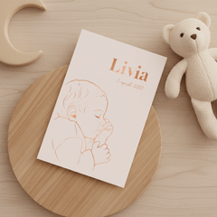 Lief geboortekaartje lijntekening slapende baby – koperfolie