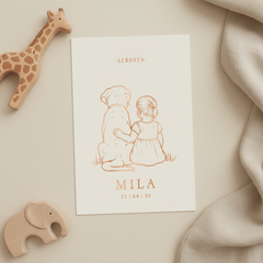 Lief geboortekaartje meisje met hond – koperfolie