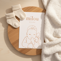 Lief geboortekaartje meisje met konijn – koperfolie