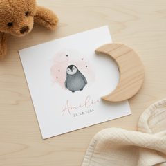 Lief geboortekaartje met baby pinguin en waterverf