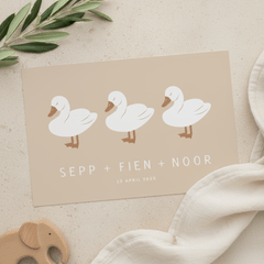 Lief geboortekaartje met drie zwaantjes drieling
