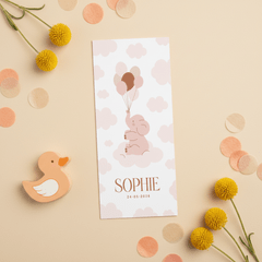 Lief geboortekaartje met olifantje en ballonnen wit roze