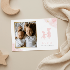 Lief geboortekaartje met silhouet 2 zusjes en eigen foto