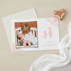 Lief geboortekaartje met silhouet broer en zusje en foto
