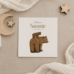 Lief geboortekaartje met tekening van beren in bruintinten