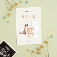 Lief geboortekaartje met vintage wieg en hond koperfolie