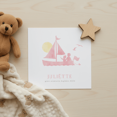 Lief geboortekaartje silhouet zusje met broer in zeil bootje