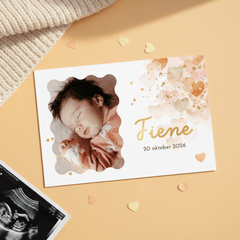 Lief geboortekaartje watercolor hartjes foto confetti goud
