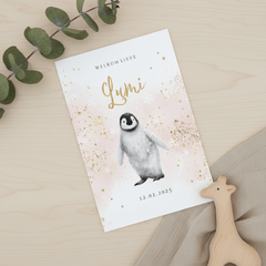 Lief geboortekaartje watercolor pinguïn goud sterren