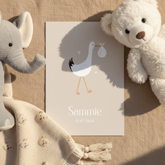 Lief unisex geboortekaartje met illustratie van ooievaar