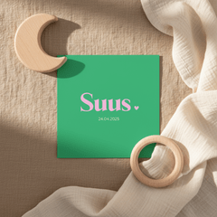 Minimalistisch color blocking geboortekaartje groen en roze