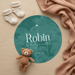 Modern rond geboortekaartje palmbomen groen