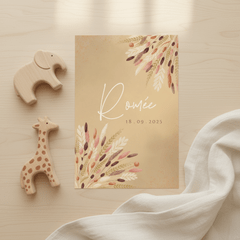 Natuurlijk geboortekaartje droogbloemen zachtbrons en roze