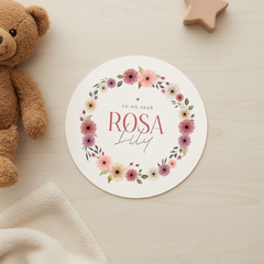 Rond geboortekaartje bloemen lente krans vintage lief