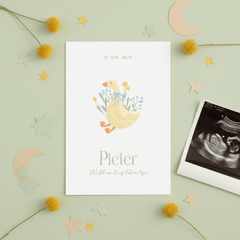Schattig wit geboortekaartje jongentje met gansje en bloemen