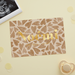 Stijlvol geboortekaartje hartjes beige watercolor goud