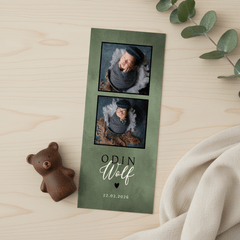 Stoer geboortekaartje met foto's, groene waterverf en hartje