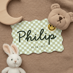 Trendy geboortekaartje blokpatroon groen smiley patch