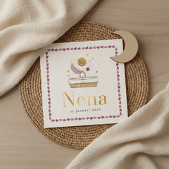 Trendy geboortekaartje wiegje astrologie maan hartjes goud