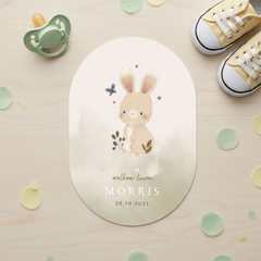 Waterverf geboortekaartje met konijn, plantjes en vlindertje
