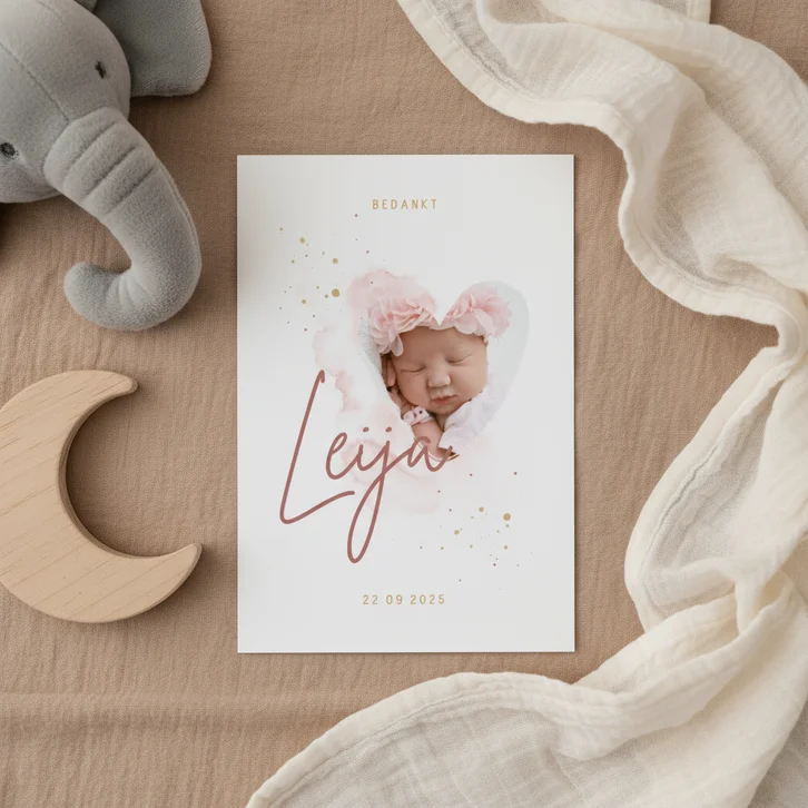 Bedankkaartje foto in hartjesvorm roze aquarel grote naam