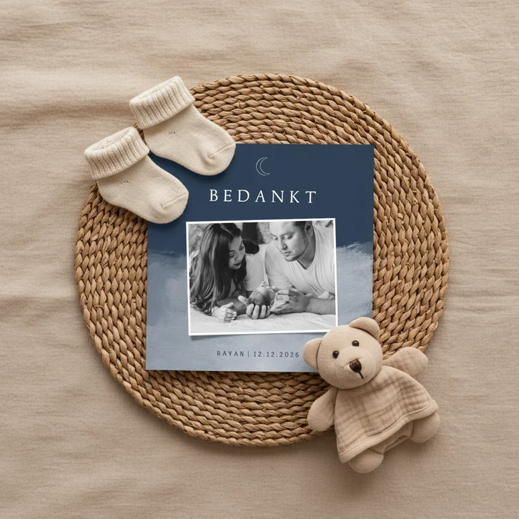 Bedankkaartje geboorte waterverf en maantje