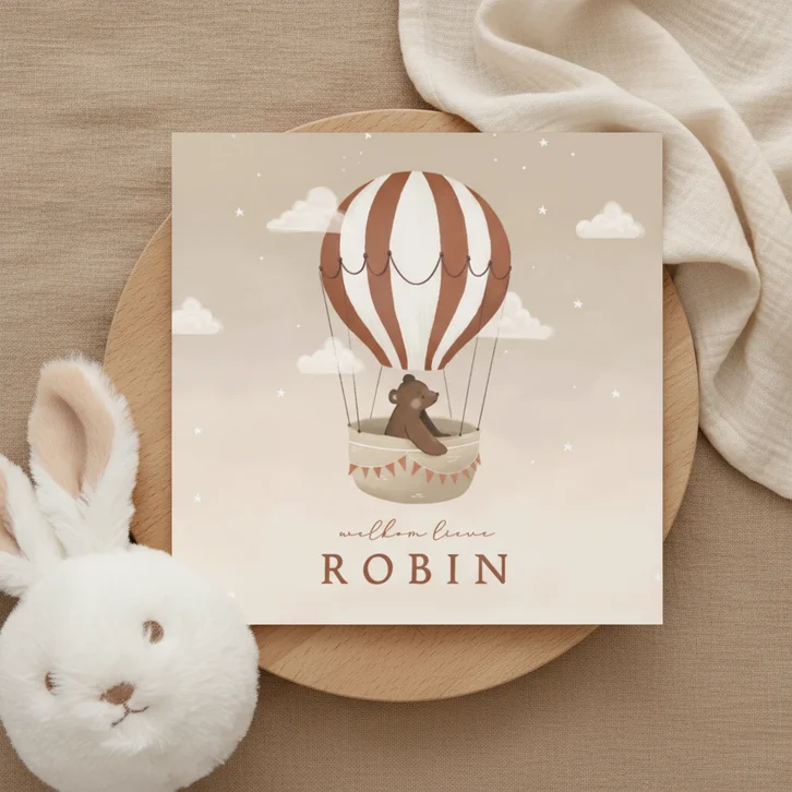Beige geboortekaartje beer in bruine luchtballon