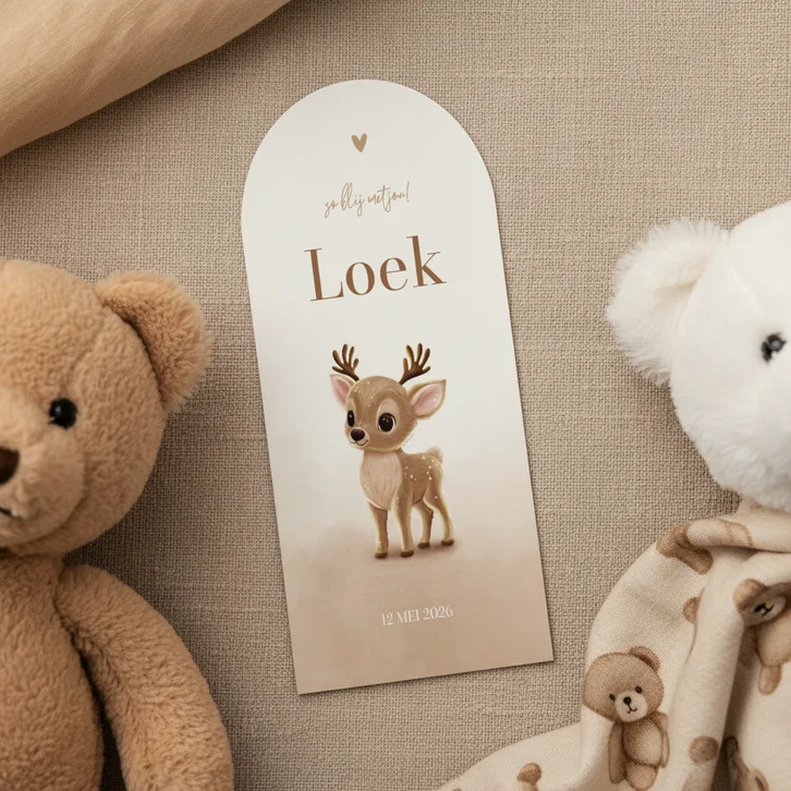 Beige geboortekaartje hertje boog met waterverf