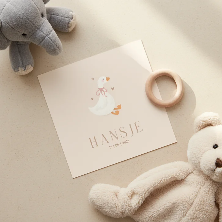 Beige geboortekaartje lief gans met strik meisje klassiek