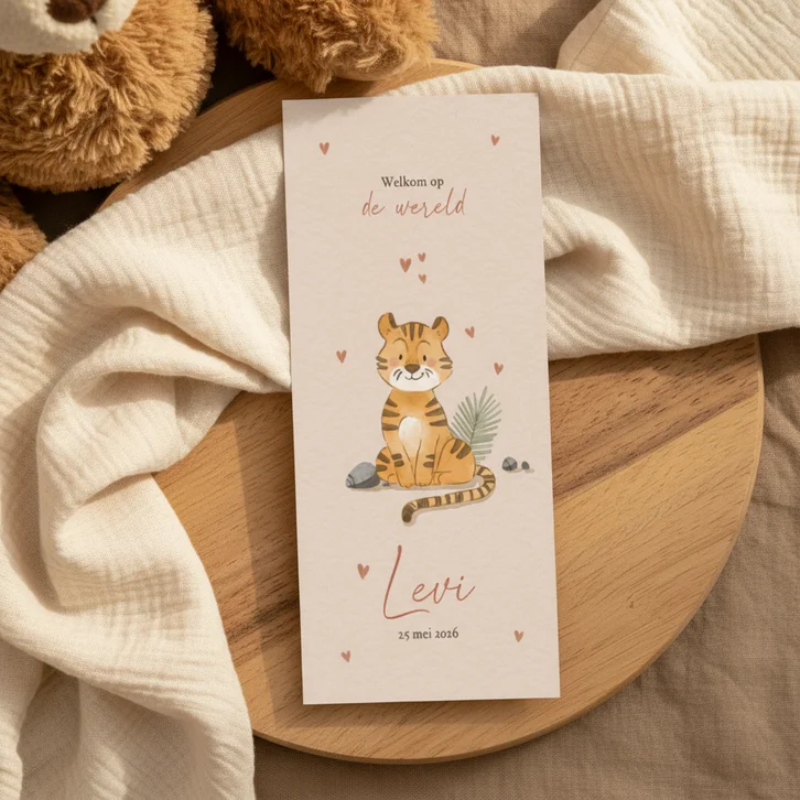 Beige geboortekaartje met getekend tijgertje