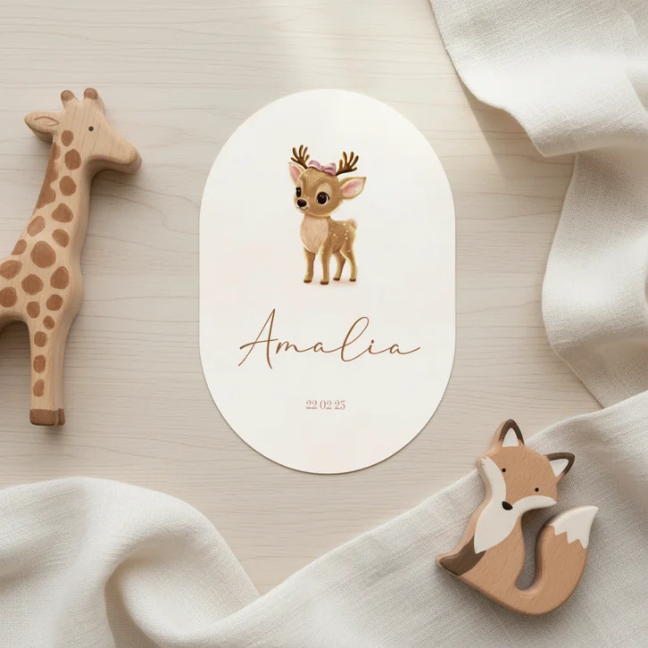 Beige ovaal geboortekaartje hertje met strik 