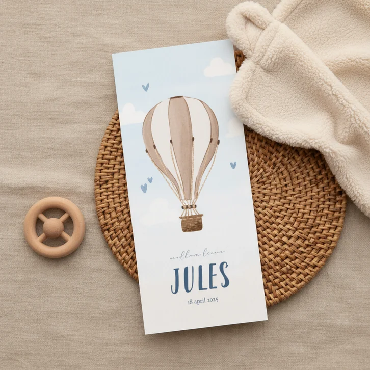 Blauw geboortekaartje met luchtballon en hartjes