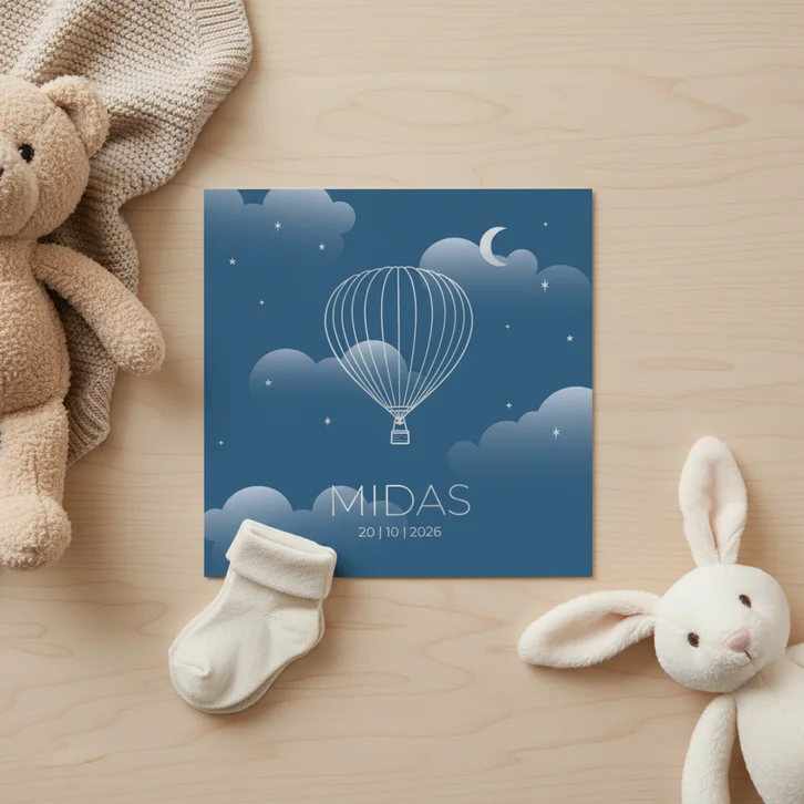 Blauw modern geboortekaartje met luchtballon zilver