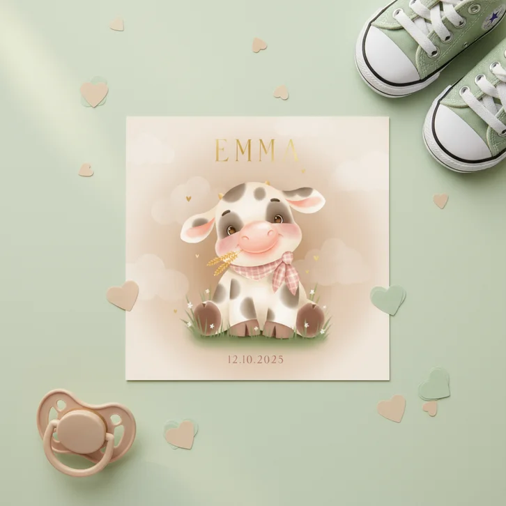 Boerderij geboortekaartje met meisjes koe wolkjes in gras