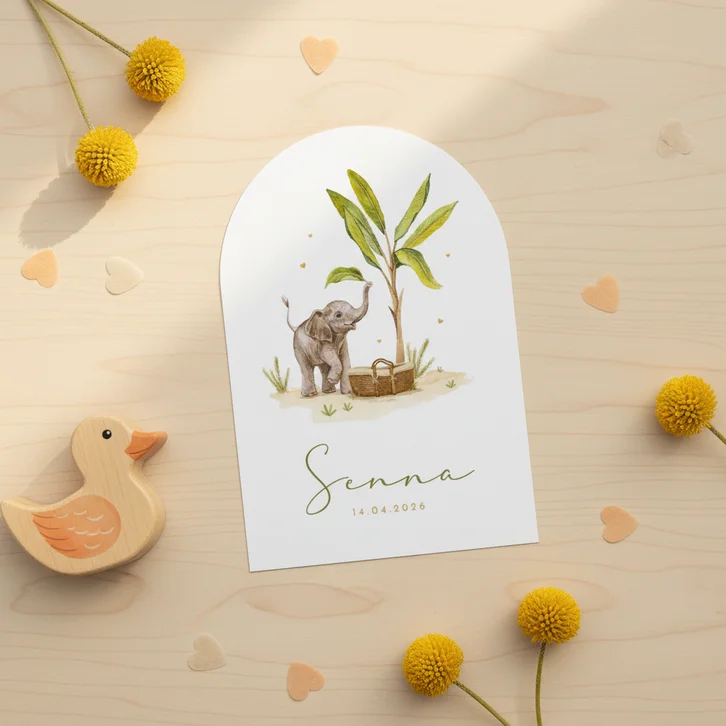 Boogkaart geboortekaartje olifant mandje baby bananenboom