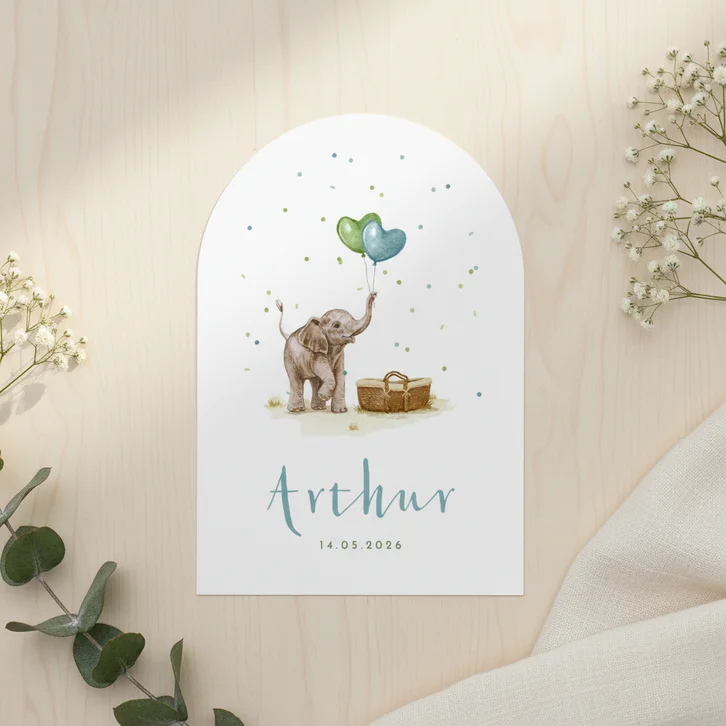 Boogkaart geboortekaartje olifantje mandje confetti jongen