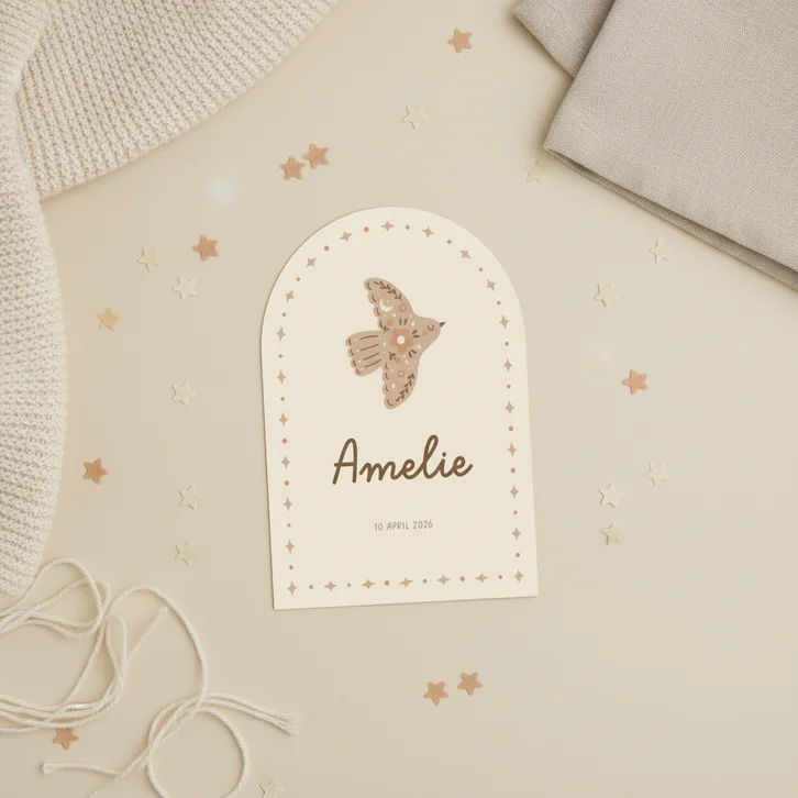 Boogvormig geboortekaartje duifje met geïllustreerde details