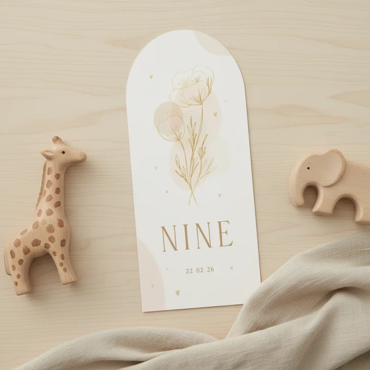 Boogvormig geboortekaartje lijntekening bloemen 