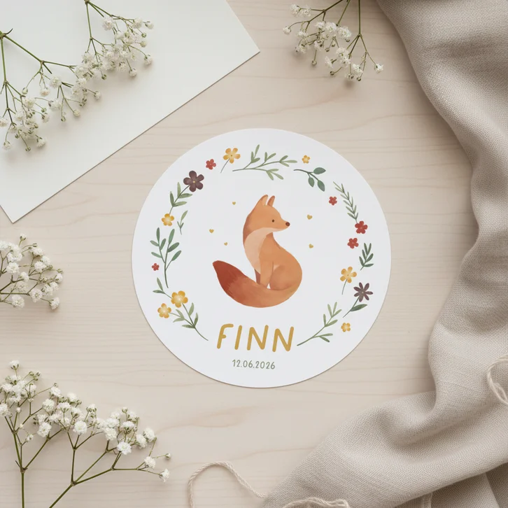 Cirkel geboortekaartje vosje lente bloemen hartjes