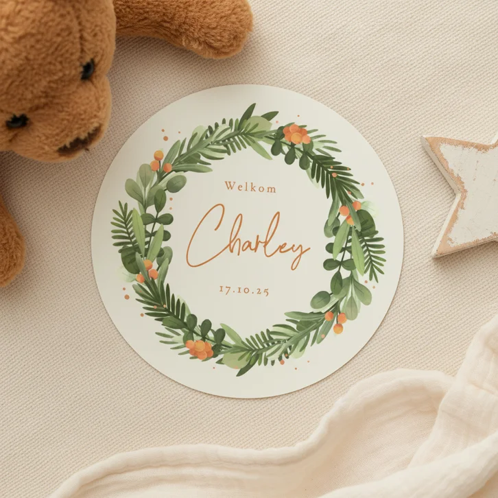 Cirkelkaart geboortekaartje unisex takjes besjes krans koper