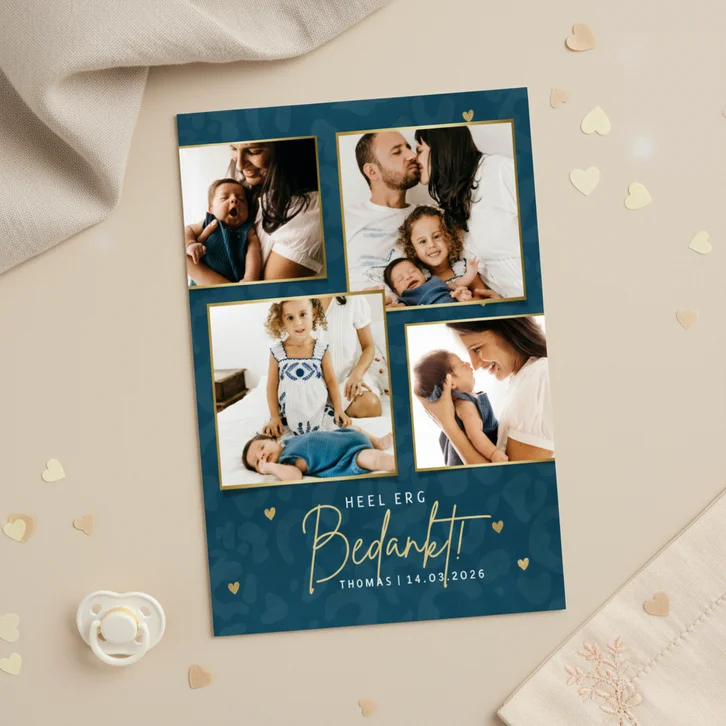 Collage geboorte bedankkaartjes panterprint & gouden hartjes