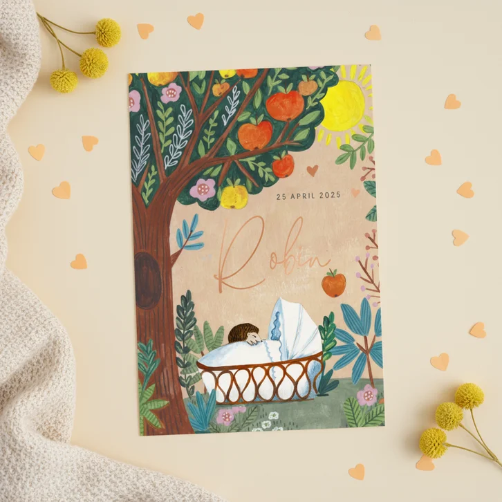 Een schattig geboortekaartje met een boom vol met appels