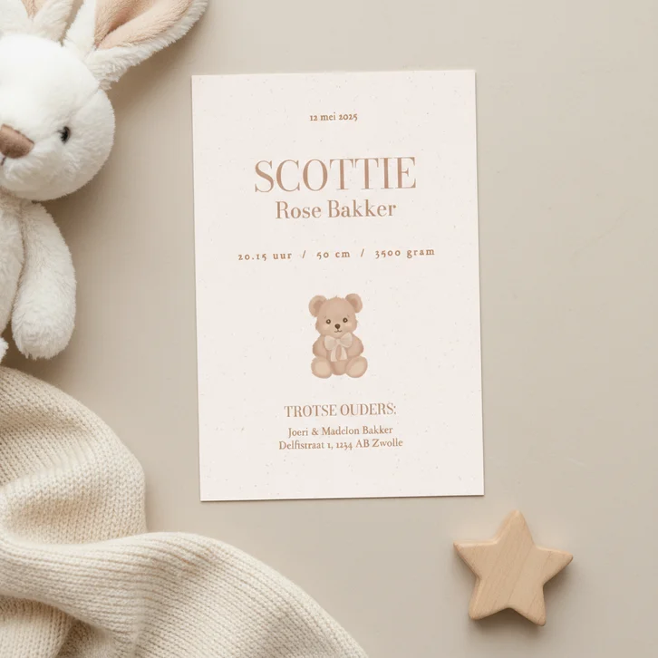 Enkel geboortekaartje met lief beertje beige 